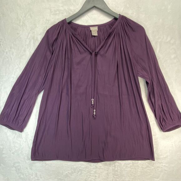 Chico's Purple Pleated V-Neck Blouse Long Sleeve Peasant Top‎ Small cottagecore - Picture 1 of 8